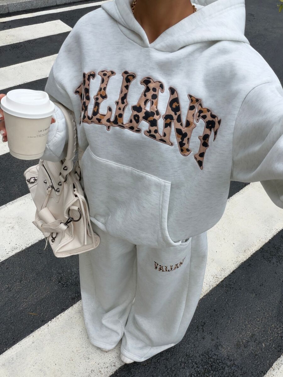 Muchica Women's Light Grey Autumn Thermal Lined Hoodie And Relaxed Fit Sweatpants Set,Casual Lounge Streetwear,Back To School Outfits,Holiday Outfits
