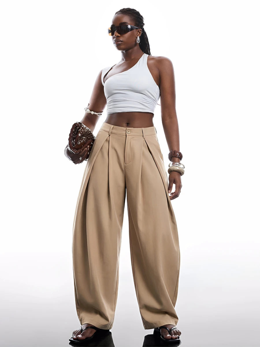 SHEIN EZwear Vintage Casual Street Style Loose Fit Olive Green Curved Hem Plus Size Pants, Autumn/Winter Baggy Fall