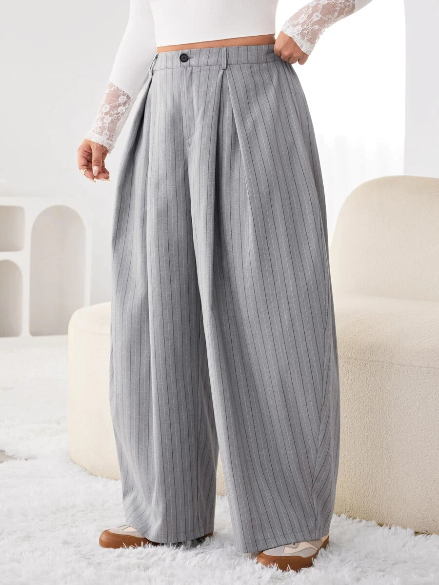 SHEIN EZwear Vintage Casual Street Style Loose Fit Olive Green Curved Hem Plus Size Pants, Autumn/Winter Baggy Fall