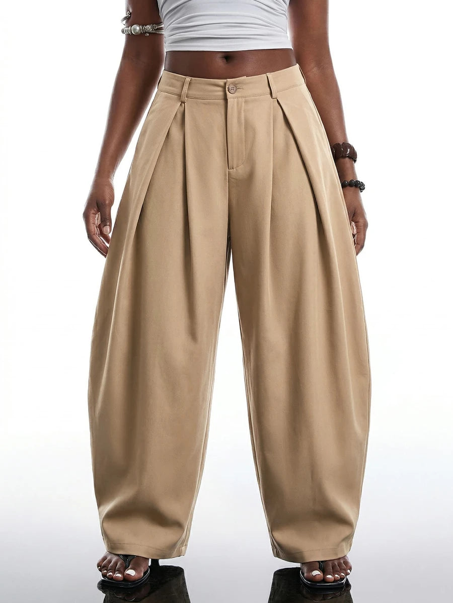 SHEIN EZwear Vintage Casual Street Style Loose Fit Olive Green Curved Hem Plus Size Pants, Autumn/Winter Baggy Fall