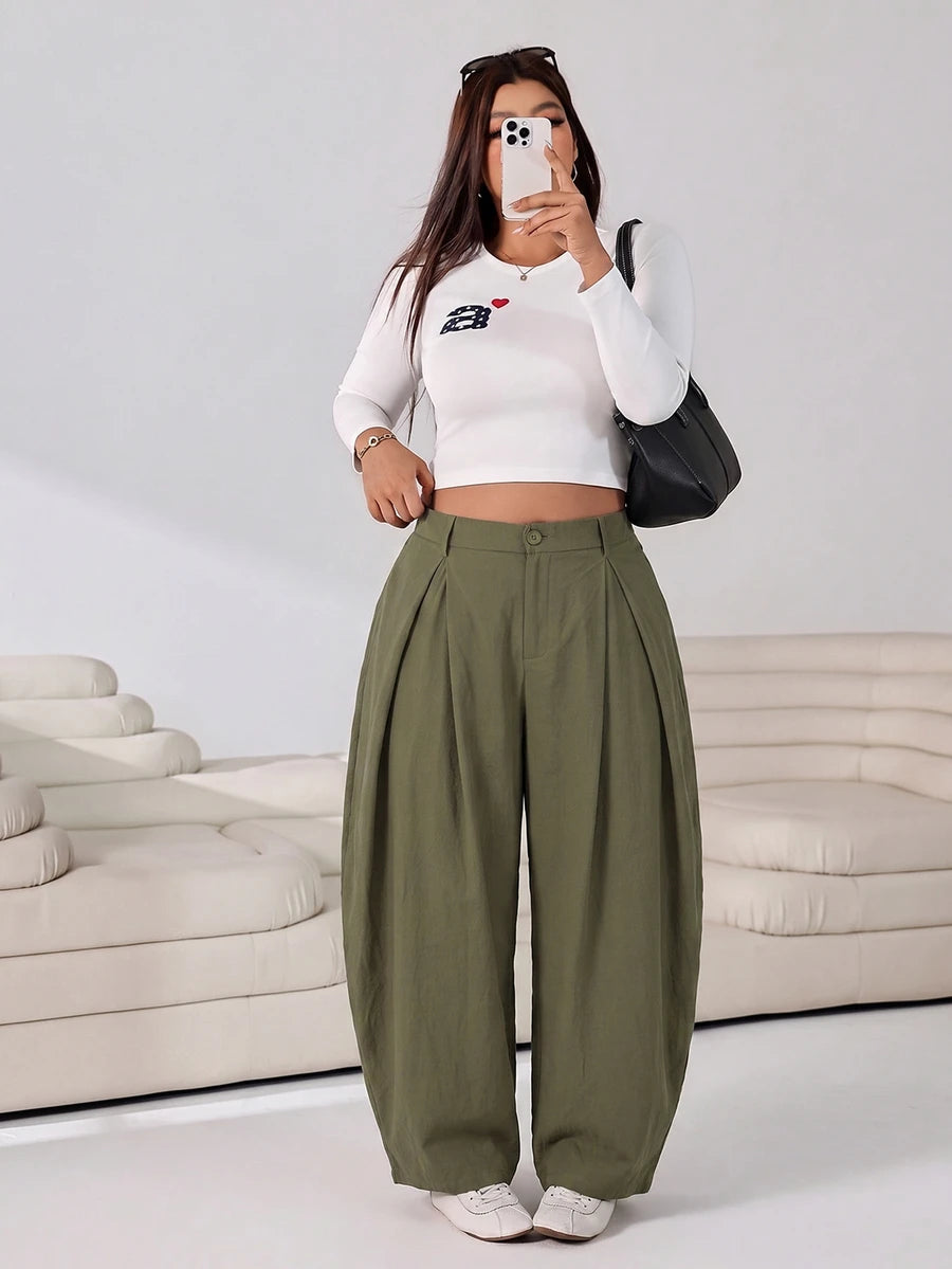 SHEIN EZwear Vintage Casual Street Style Loose Fit Olive Green Curved Hem Plus Size Pants, Autumn/Winter Baggy Fall