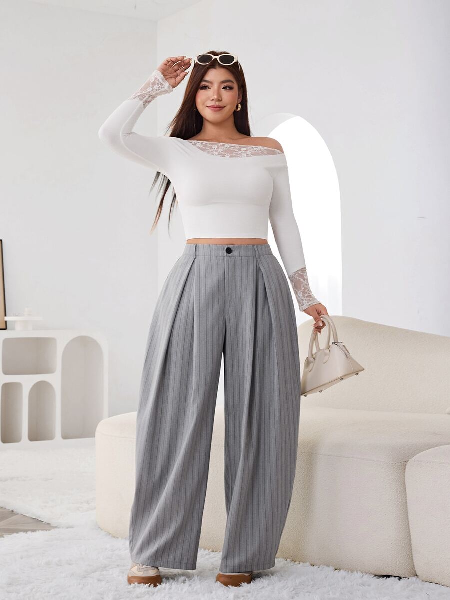SHEIN EZwear Vintage Casual Street Style Loose Fit Olive Green Curved Hem Plus Size Pants, Autumn/Winter Baggy Fall