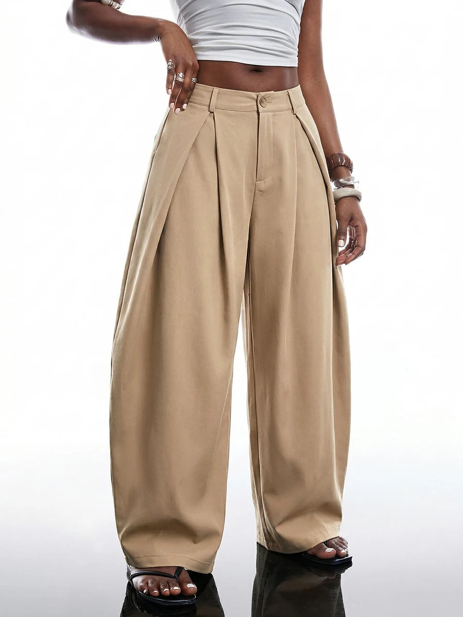 SHEIN EZwear Vintage Casual Street Style Loose Fit Olive Green Curved Hem Plus Size Pants, Autumn/Winter Baggy Fall