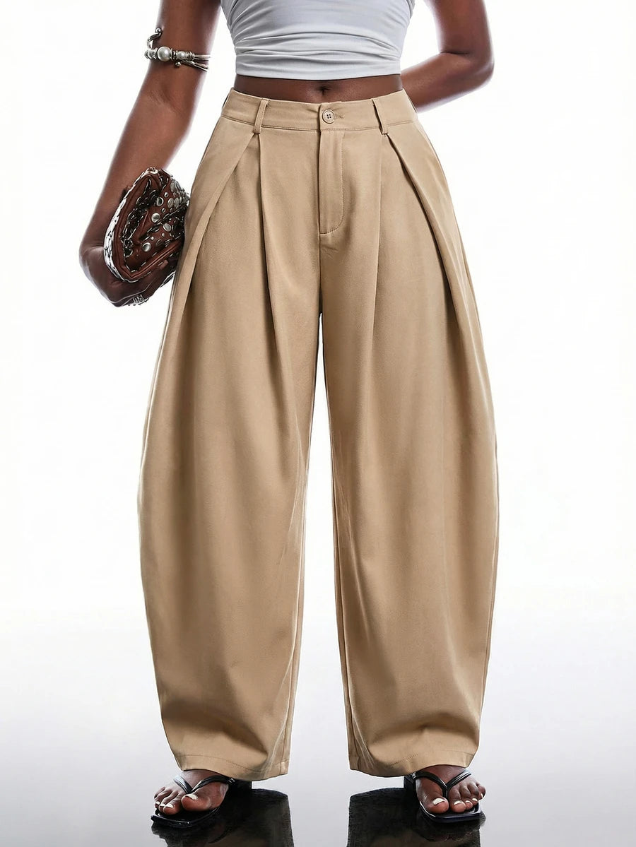 SHEIN EZwear Vintage Casual Street Style Loose Fit Olive Green Curved Hem Plus Size Pants, Autumn/Winter Baggy Fall