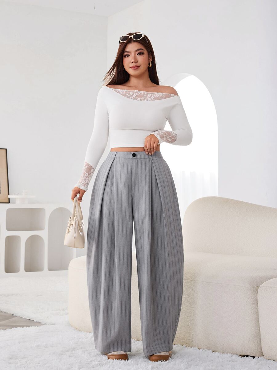 SHEIN EZwear Vintage Casual Street Style Loose Fit Olive Green Curved Hem Plus Size Pants, Autumn/Winter Baggy Fall