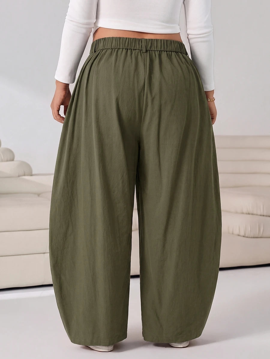 SHEIN EZwear Vintage Casual Street Style Loose Fit Olive Green Curved Hem Plus Size Pants, Autumn/Winter Baggy Fall