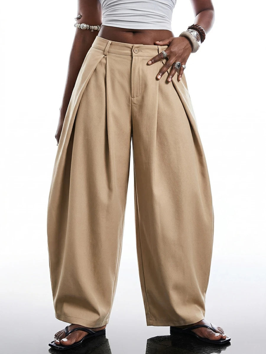 SHEIN EZwear Vintage Casual Street Style Loose Fit Olive Green Curved Hem Plus Size Pants, Autumn/Winter Baggy Fall