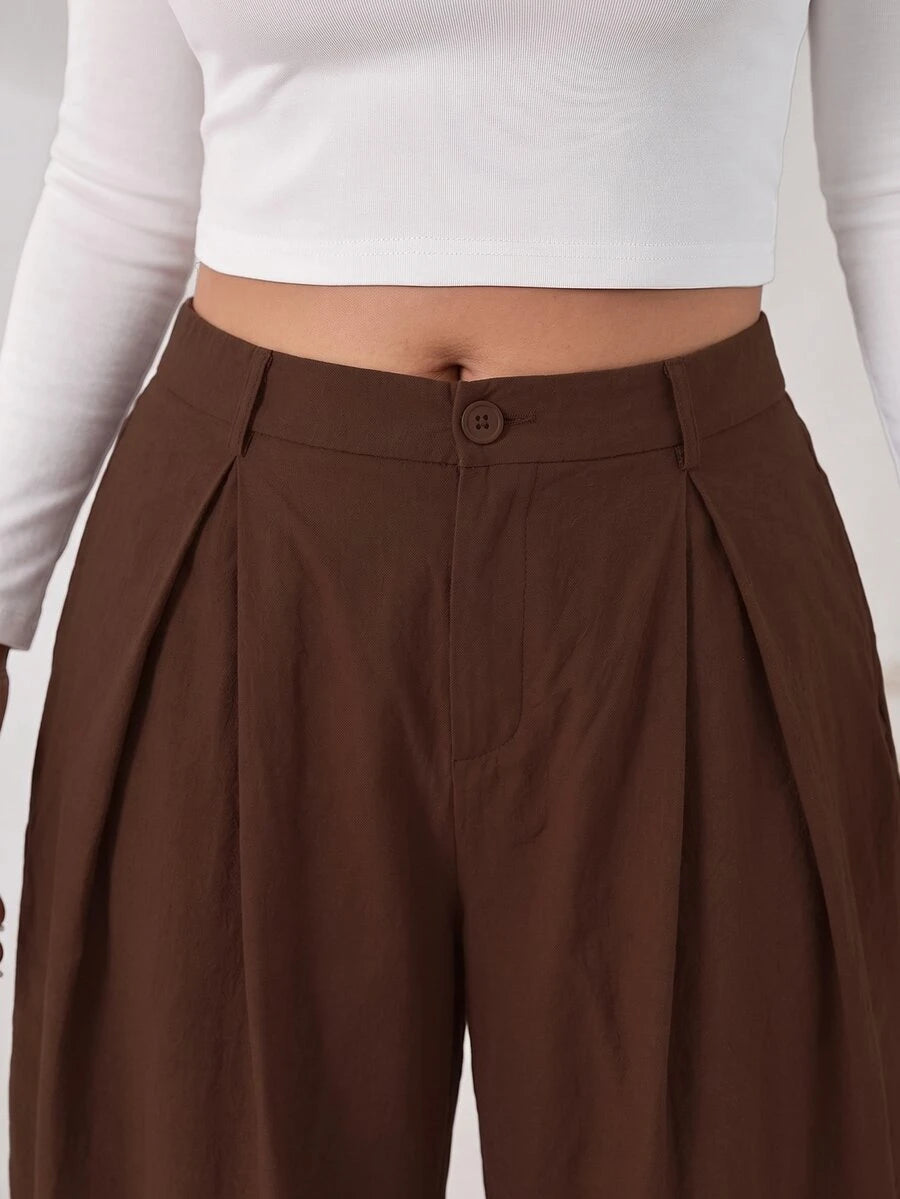 SHEIN EZwear Vintage Casual Street Style Loose Fit Olive Green Curved Hem Plus Size Pants, Autumn/Winter Baggy Fall