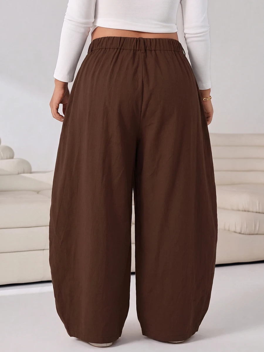 SHEIN EZwear Vintage Casual Street Style Loose Fit Olive Green Curved Hem Plus Size Pants, Autumn/Winter Baggy Fall