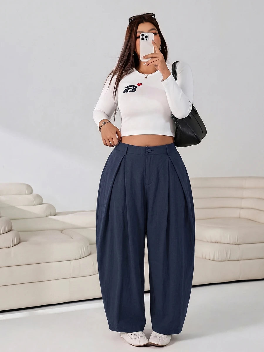 SHEIN EZwear Vintage Casual Street Style Loose Fit Olive Green Curved Hem Plus Size Pants, Autumn/Winter Baggy Fall