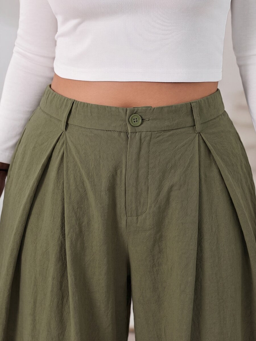 SHEIN EZwear Vintage Casual Street Style Loose Fit Olive Green Curved Hem Plus Size Pants, Autumn/Winter Baggy Fall