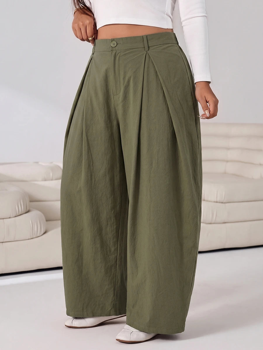 SHEIN EZwear Vintage Casual Street Style Loose Fit Olive Green Curved Hem Plus Size Pants, Autumn/Winter Baggy Fall
