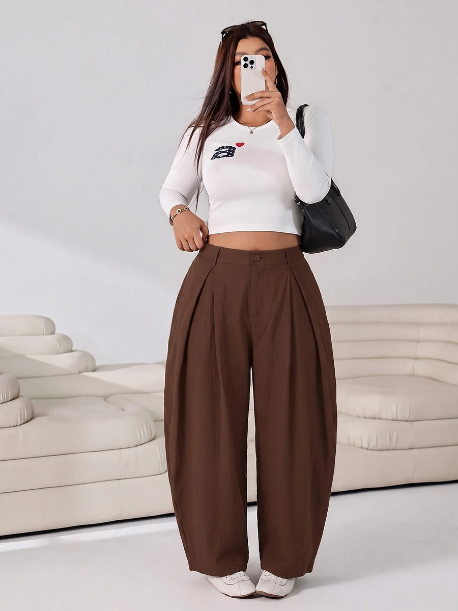 SHEIN EZwear Vintage Casual Street Style Loose Fit Olive Green Curved Hem Plus Size Pants, Autumn/Winter Baggy Fall