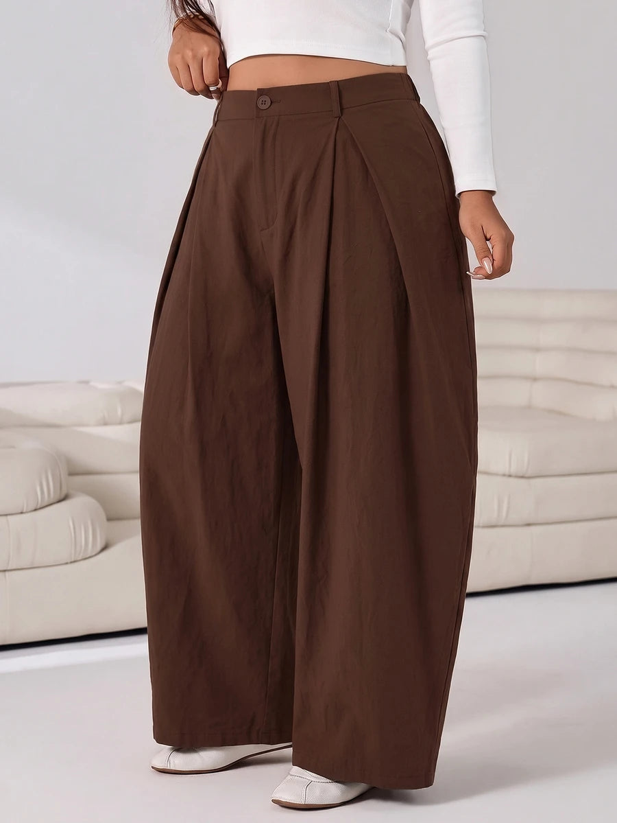 SHEIN EZwear Vintage Casual Street Style Loose Fit Olive Green Curved Hem Plus Size Pants, Autumn/Winter Baggy Fall
