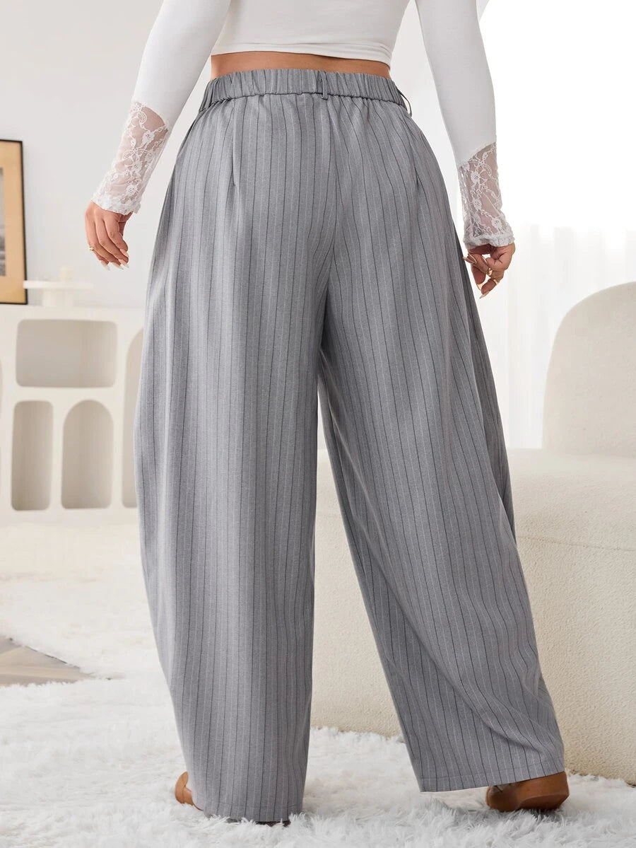 SHEIN EZwear Vintage Casual Street Style Loose Fit Olive Green Curved Hem Plus Size Pants, Autumn/Winter Baggy Fall