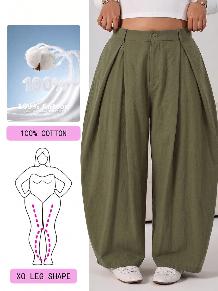 SHEIN EZwear Vintage Casual Street Style Loose Fit Olive Green Curved Hem Plus Size Pants, Autumn/Winter Baggy Fall