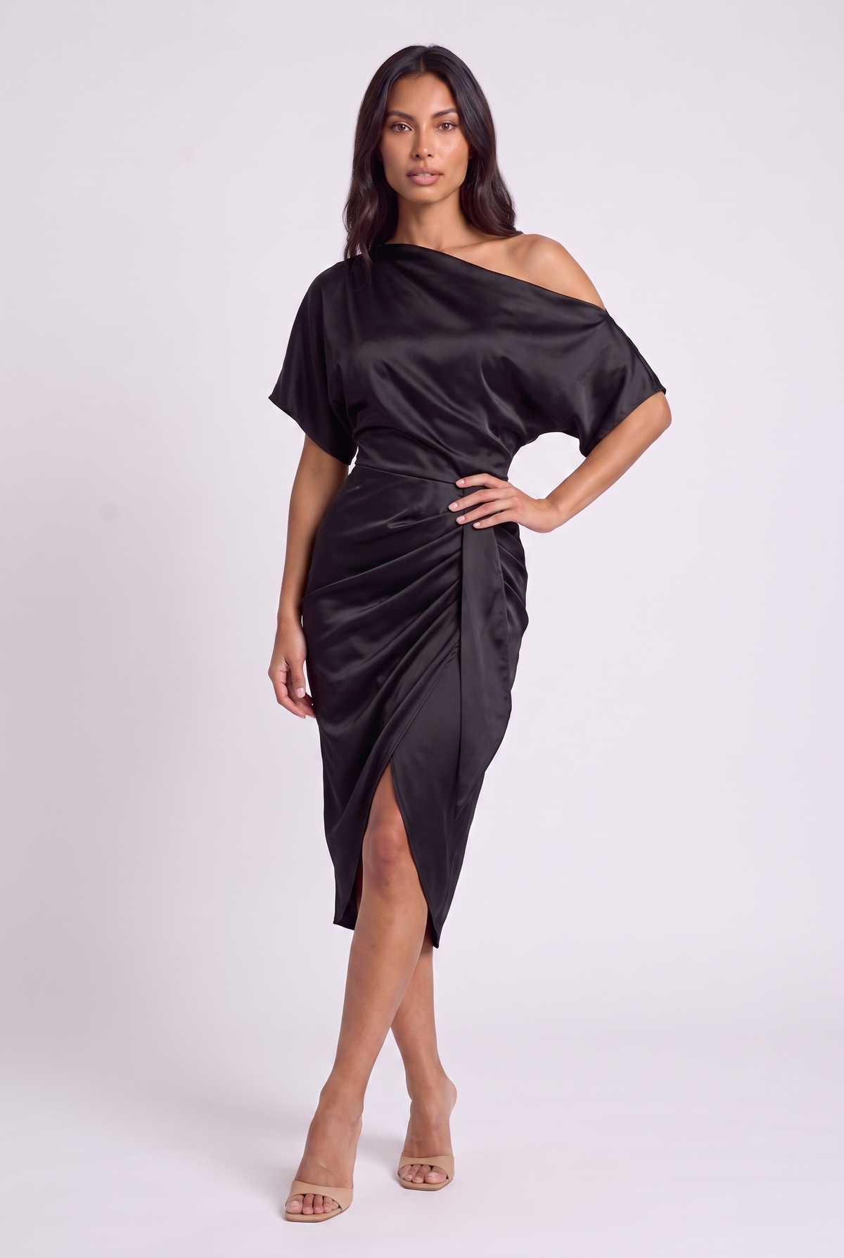 Draven Satin Wrap Dress - pose